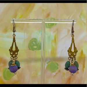 VTG Brass Dangle Earrings Sea-green & Lavender Wooden Beading